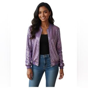 NEW Kate & Mallory Iridescent Lilac Sequin Full Zip Elegant Bomber Jacket Size L